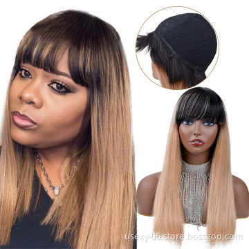 Color 1B 27 Human Hair Wigs With Bangs Full Machine Made Fringe Wig Ombre Colored Straight Brazilian Virgin Hair Wigs